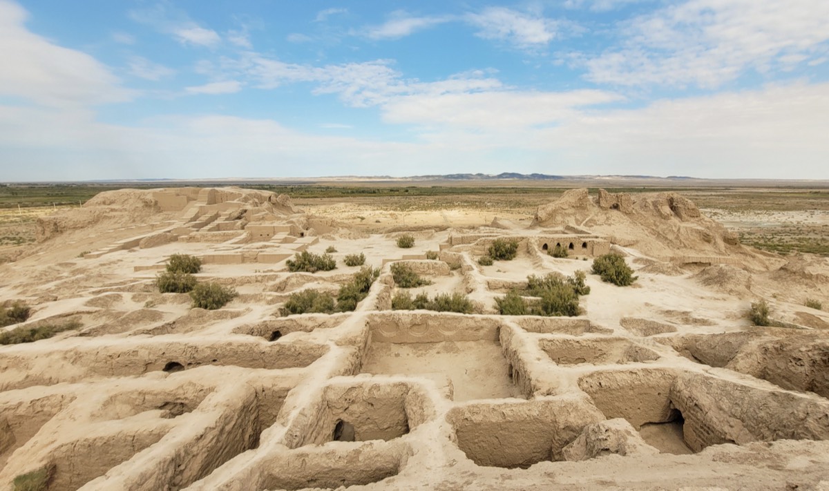 Mudbrick walls of the Toprak-Kala palace-city ruins in the Kyzylkum desert, Khorezm